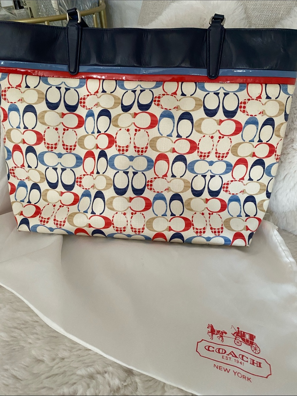 Coach Multicolor Signature Canvas Tote with Navy Trim and Red Accents